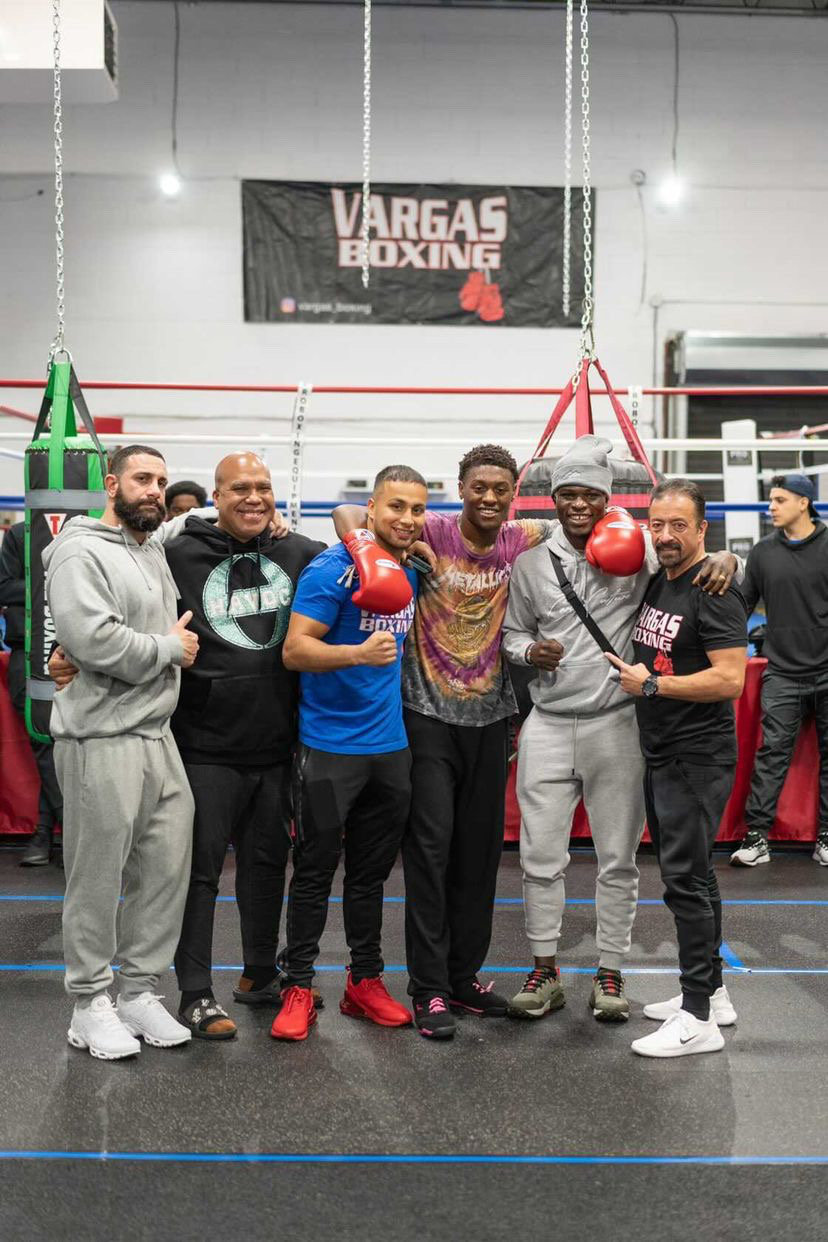 (L to R) Anthony Tuminello, Alex Vargas’s strength and conditioning coach; Andre Rozier, the top trainer in the Northeast who aids in Alex’s training; Alex “El Toro” Vargas; Jahir Tucker, a 6-0 pro boxer; Rich Commey, a former IBF light welterweight champ who just fought Lomechenko at Madison Square Garden; and Michael Vargas.